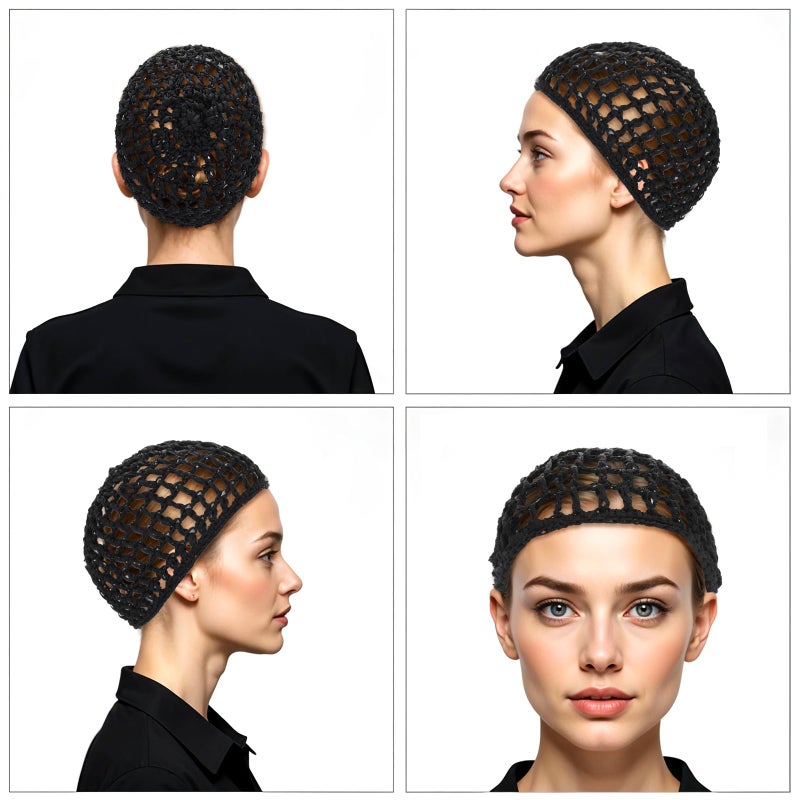 KFHENSOMR 4 Pack Crochet Hair Nets, Knit Snood Bonnets, Hairnet Hair Cover, Crocheted Sleep Cap for Women - Soft, Breathable Mesh Hairs Wrap Net for Sleeping, Shower, Silk Press (Black) - Image 3